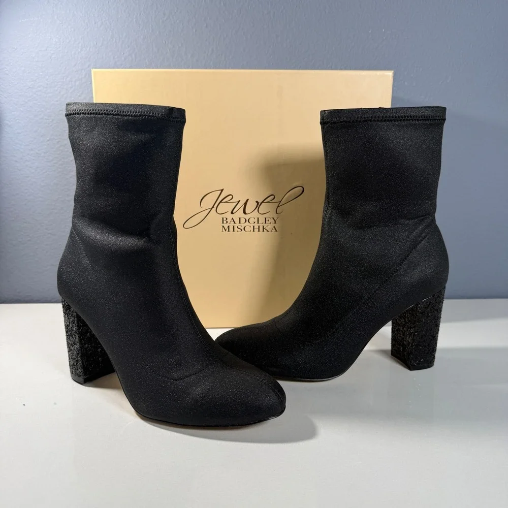 Jewel Badgley Mischka Womens‎ Black Glitter Block Heel Sock Boots Size 7.5
